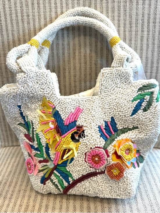 Made in India Handbags - Made in India White Beaded Tote w/ Colorful Embroidered Parrot & Floral Accents